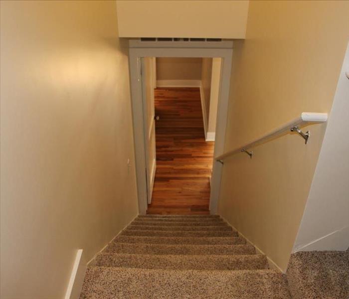 Stairwell with beige walls and brown carpet. 