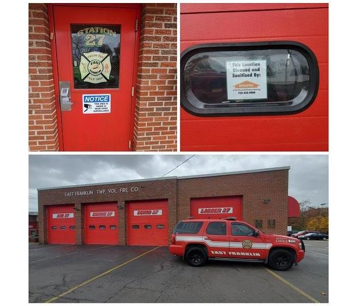 collage of pics of fire department; the door to the station, the engine bays and a Certified: SERVPRO Cleaned sign
