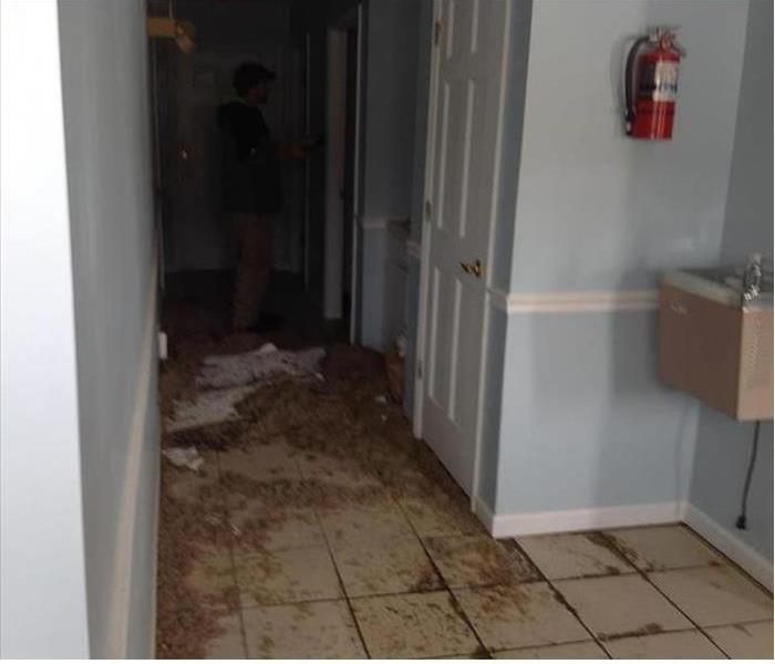 Debris and water on a beige tile floor