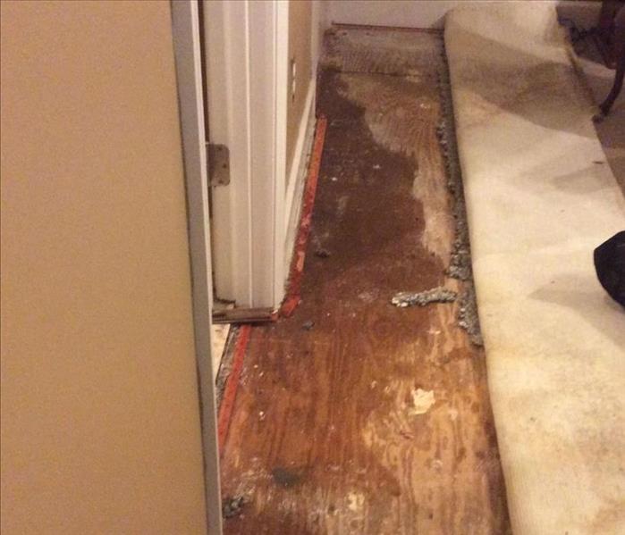 Water on the subfloor with carpet pulled back