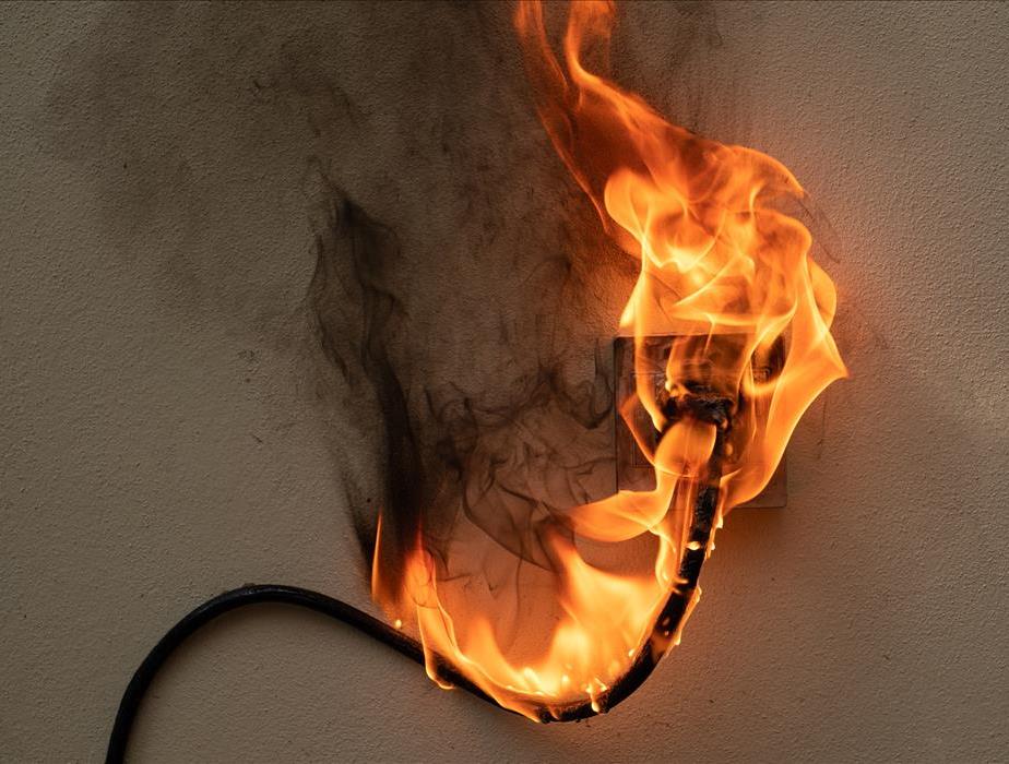 A fire on a plug in the wall